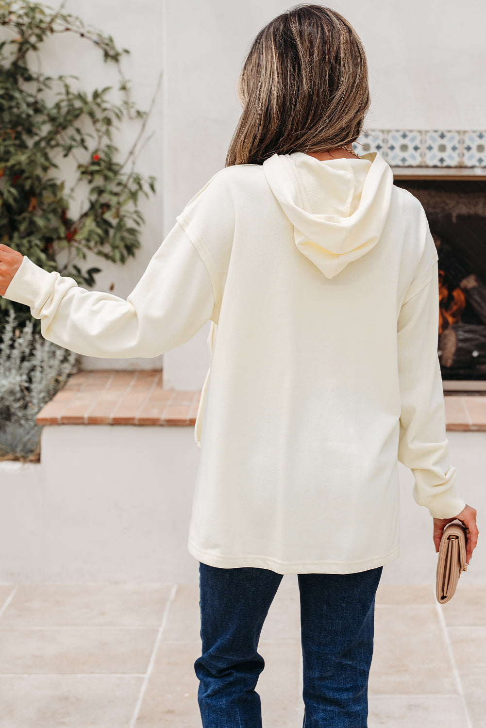 Solid Color Cute Bow Detail Loose Hoodie