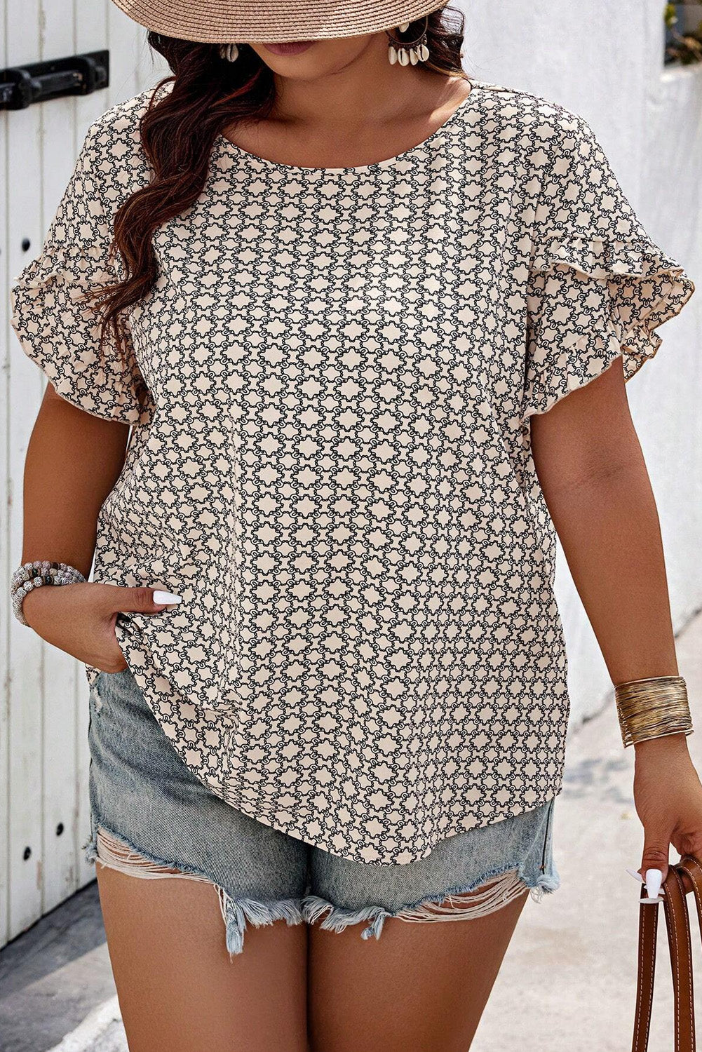 Plus Size Geometric Print Ruffled Sleeve Blouse