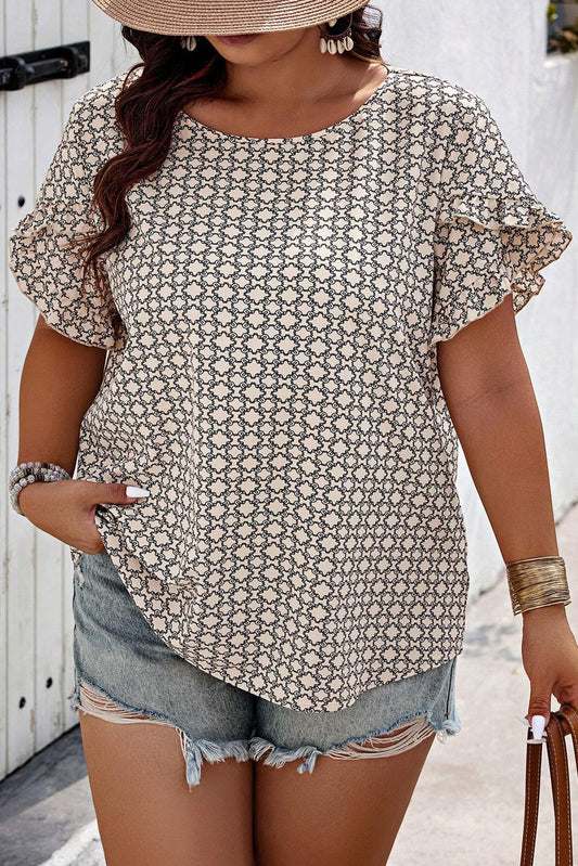 Plus Size Geometric Print Ruffled Sleeve Blouse