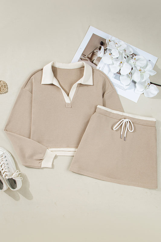 Raw Edge Detail Colorblock Patchwork Cropped Pullover Drawstring Skirt Set