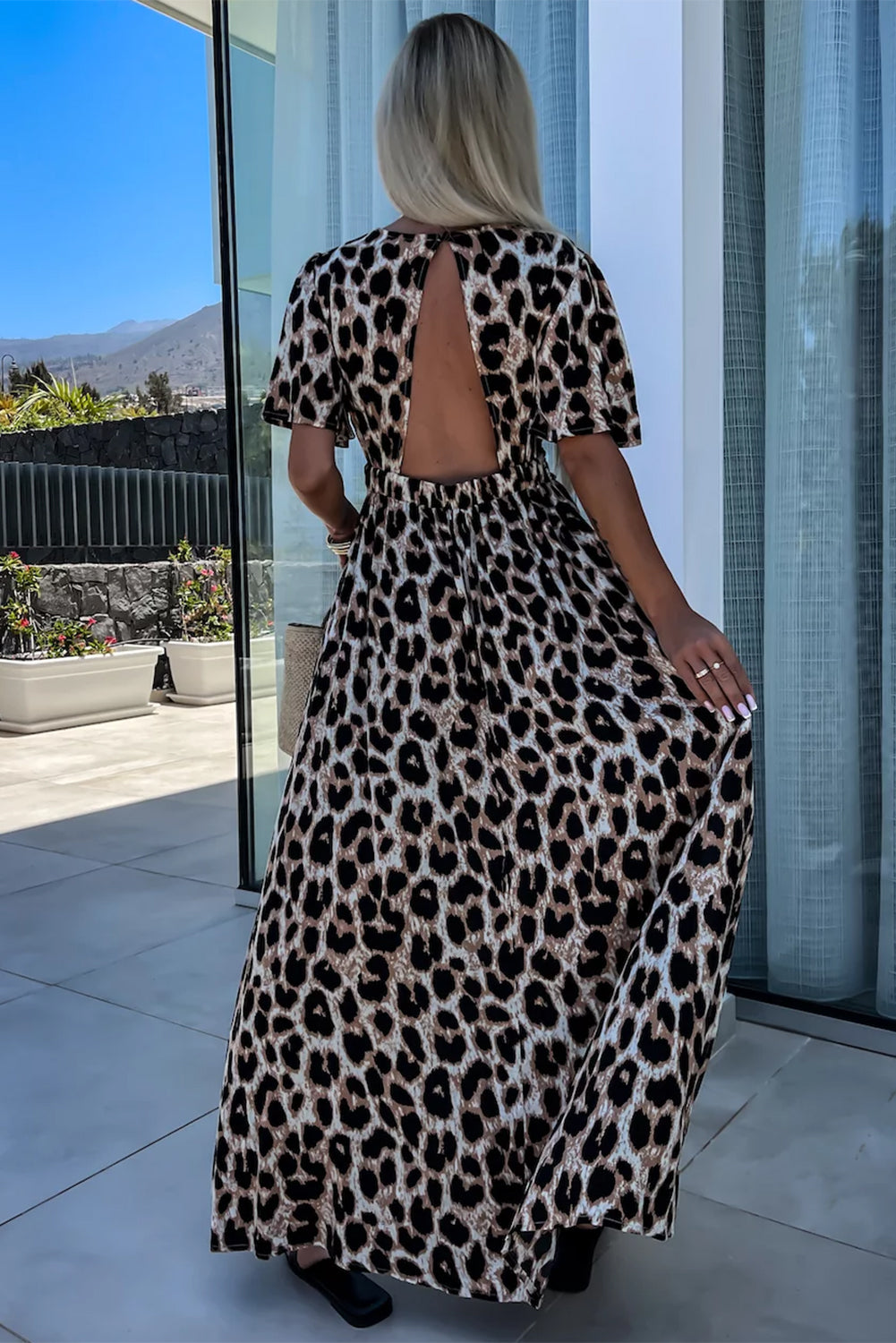 Leopard V Neck Cinched High Waist Open Back Maxi Dress