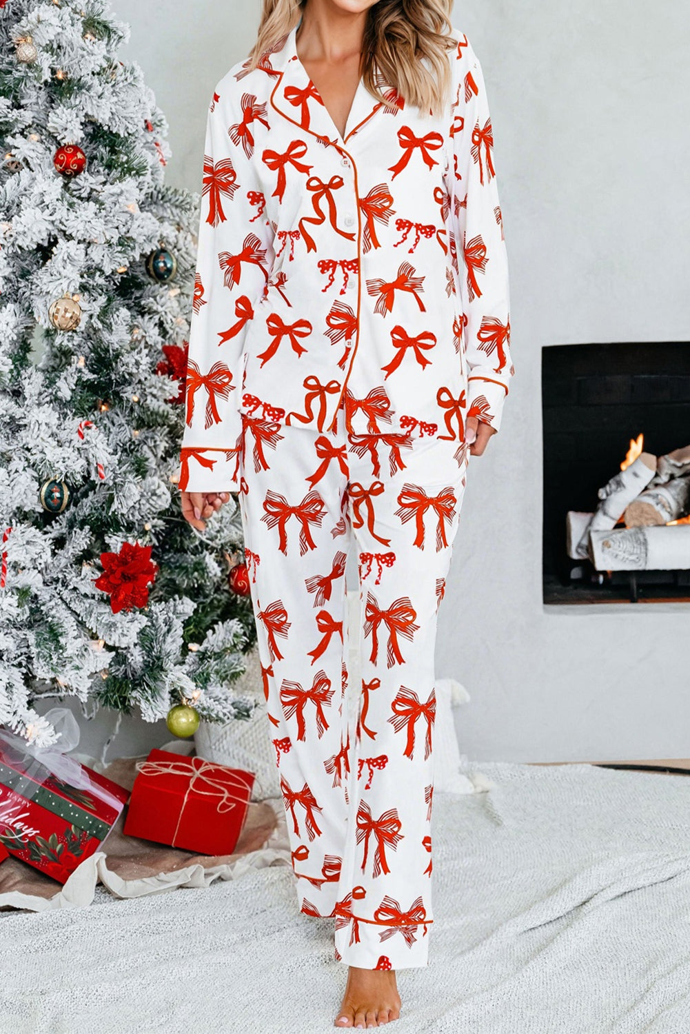 Christmas Bow Print Long 2pcs Pajama Set