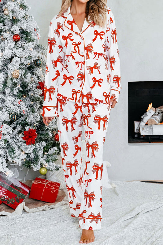 Christmas Bow Print Long 2pcs Pajama Set
