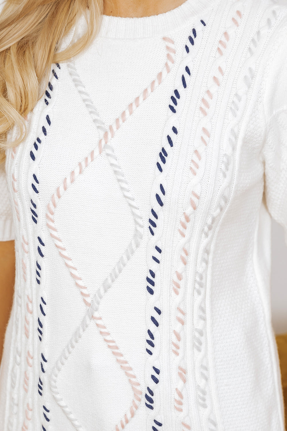 Multicolor Stitch Detail Cable Knit Short Sleeve Sweater