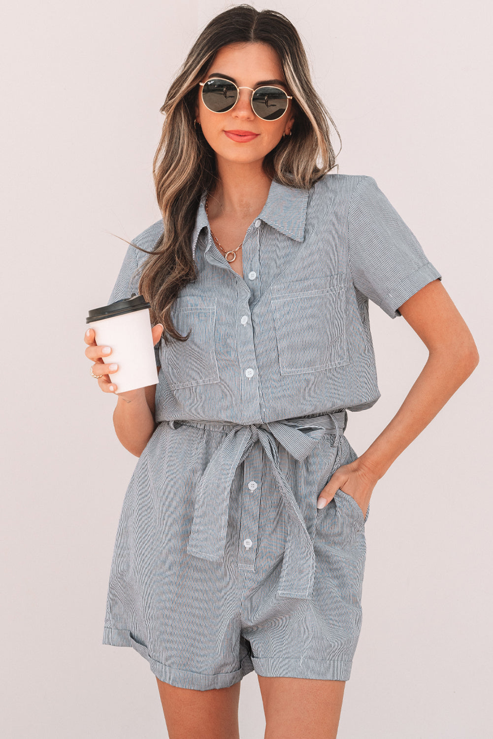 Stripe Chest Pockets Buttoned Belted High Waist Romper