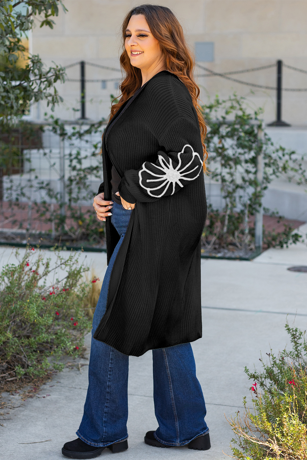 Flower Embroidered Drop Shoulder Open Front Duster Cardigan