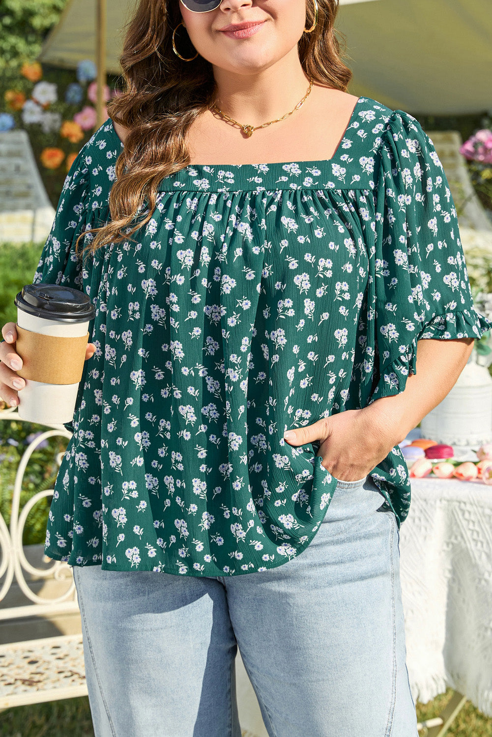 Floral Print Square Neck Ruffled Trim Plus Size Blouse