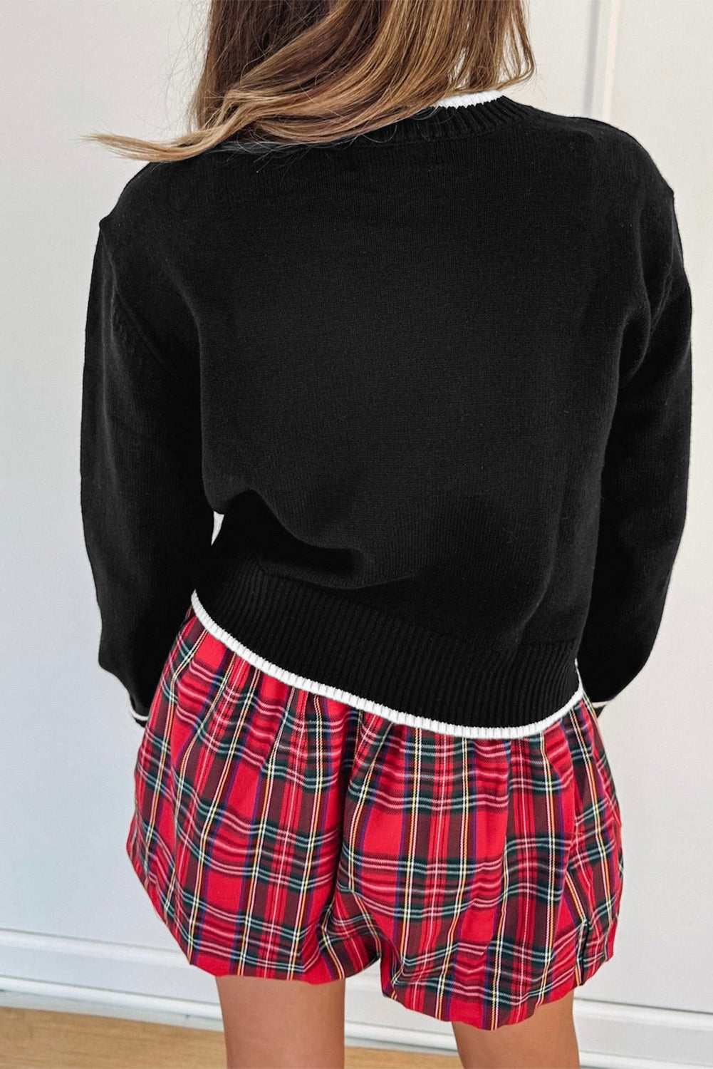 Contrast Trim Big Bow Accent Holiday Cropped Sweater