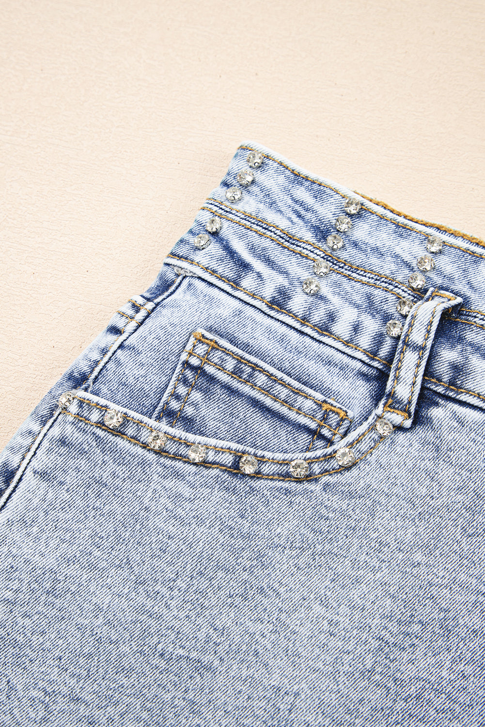 Rhinestone Light Wash Raw Hem High Waist Denim Shorts