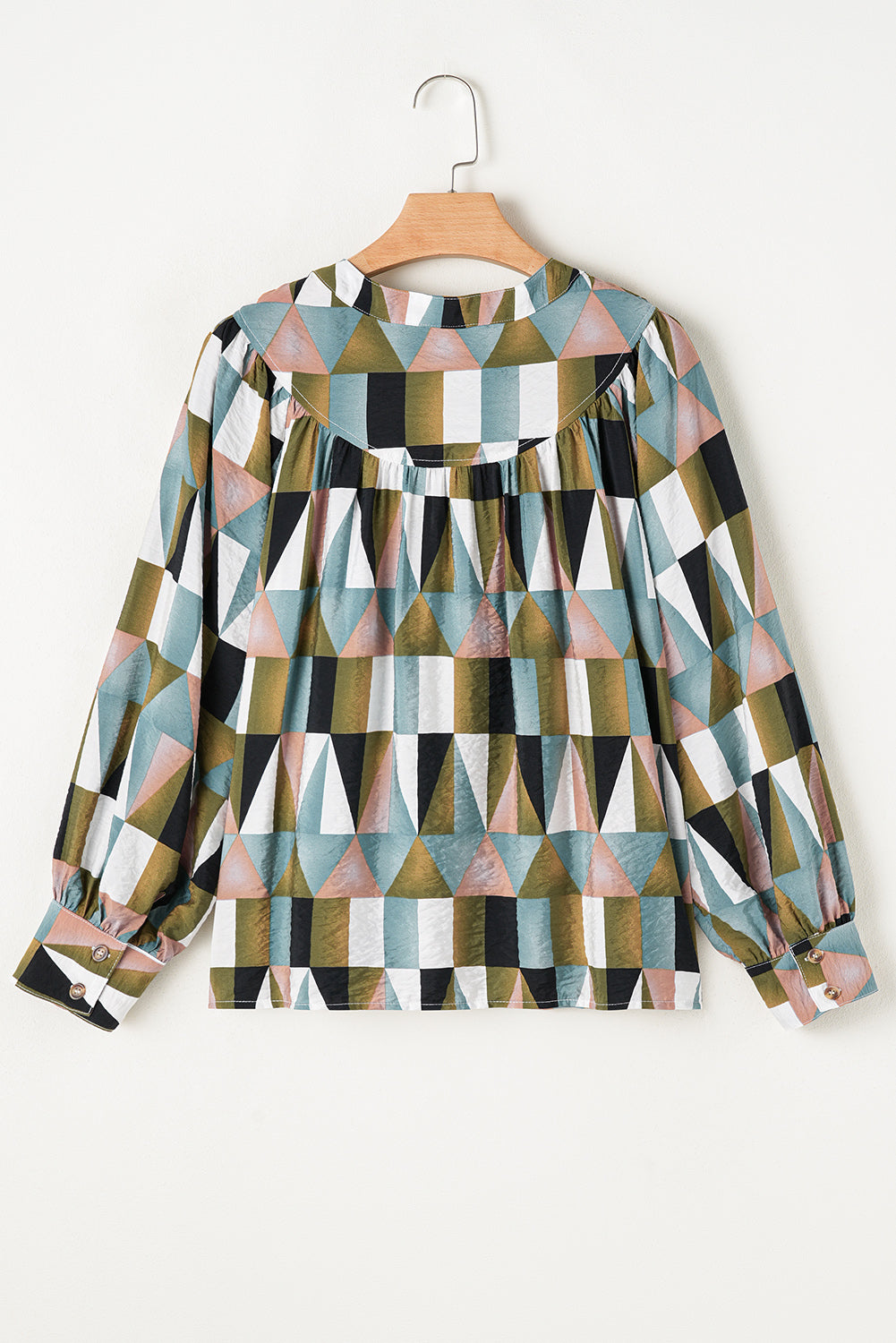 Geometric Print Buttoned Balloon Sleeve Loose Fit Shirt