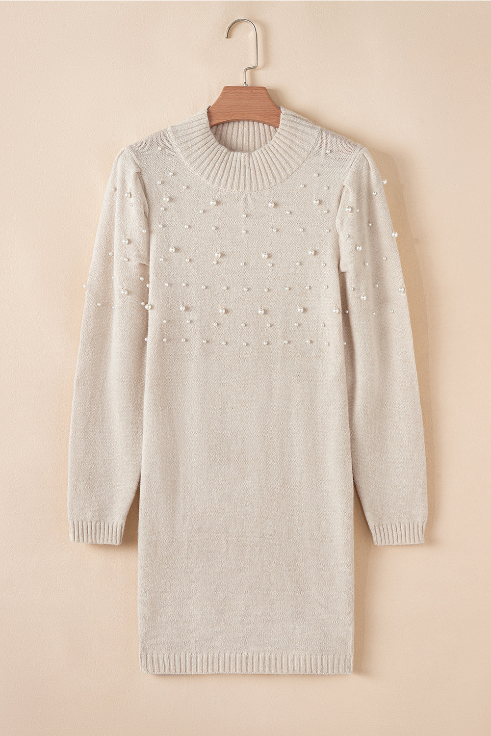 Pearl Beaded High Neck Bodycon Sweater Dress