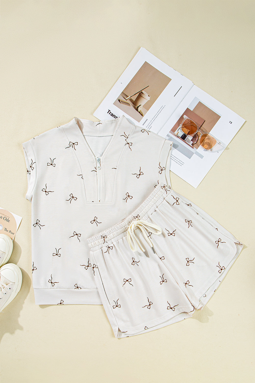 Bow Print Half Zip Tank and Shorts 2pcs Set