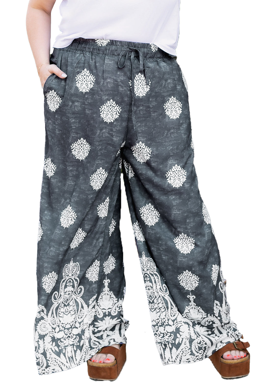 Plus Size Geometric Ethnic Print Drawstring Wide Leg Pants