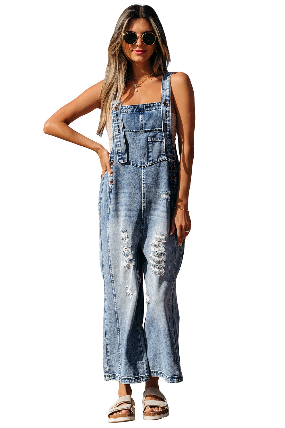 Distressed Bib Pocket Wide Leg Denim Overall