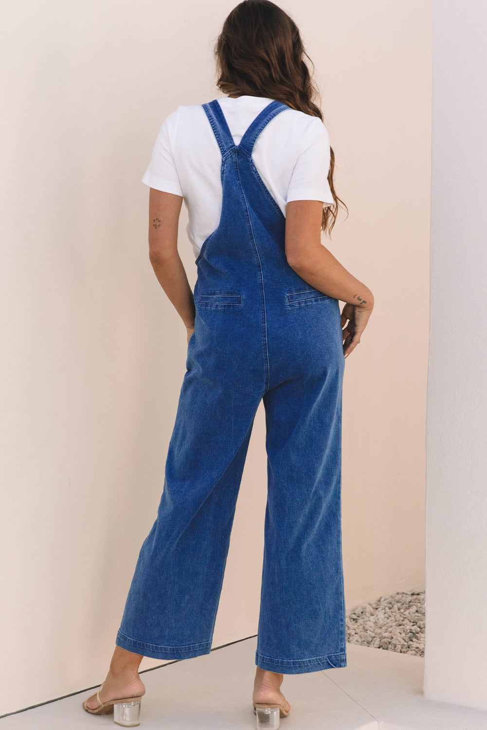 Mineral Wash Knotted Strap Patched Pocket Wide Leg Denim Overalls