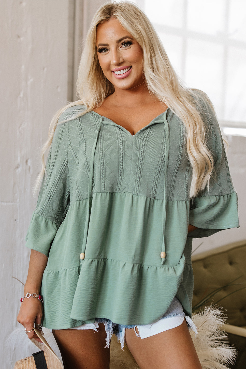 Tie Split Neck Textured Ruffle Patchwork Blouse
