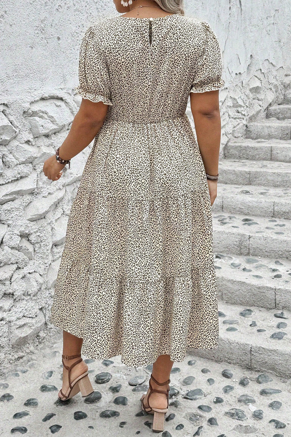 Plus Size Leopard Print Frill Trim Short Sleeve Flared Dress