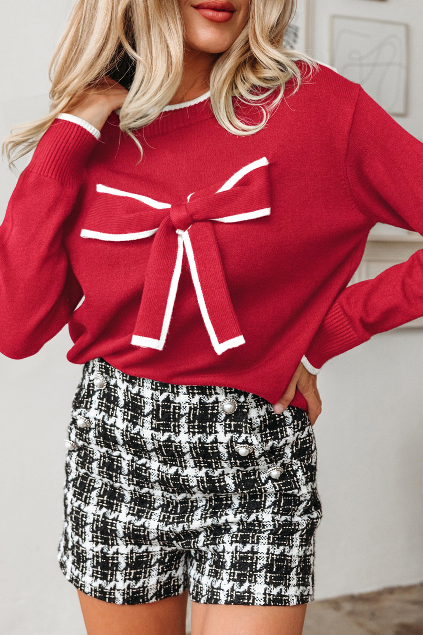 Contrast Trim Big Bow Accent Holiday Cropped Sweater