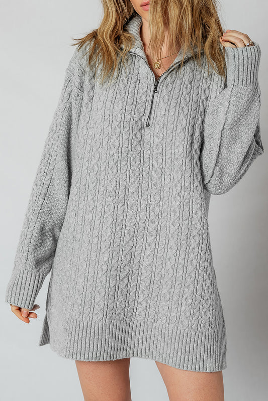 Cable Knit Quarter Zip Ribbed Trim Loose Sweater Dress