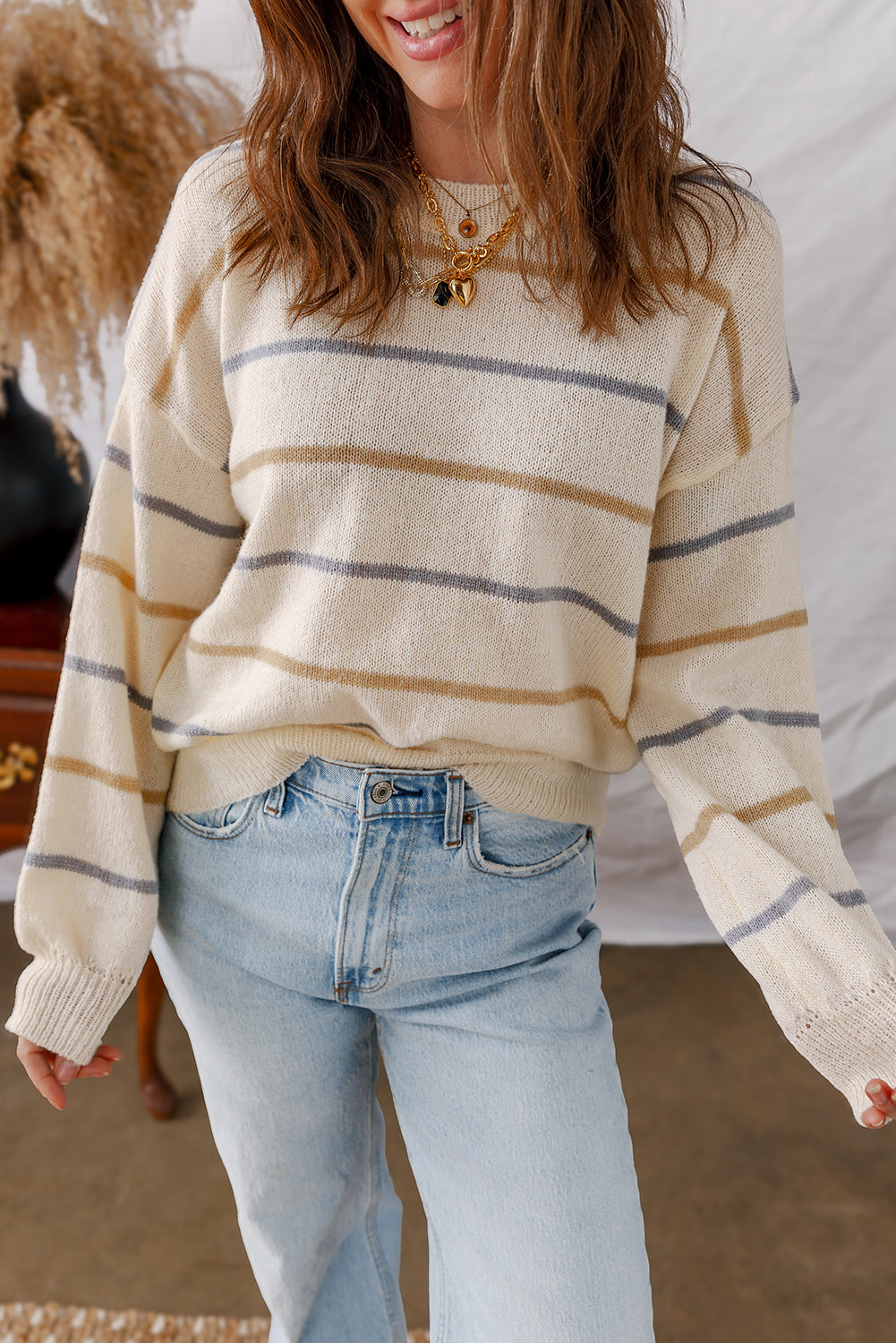 Stripe Ribbed Edge Drop Shoulder Sweater