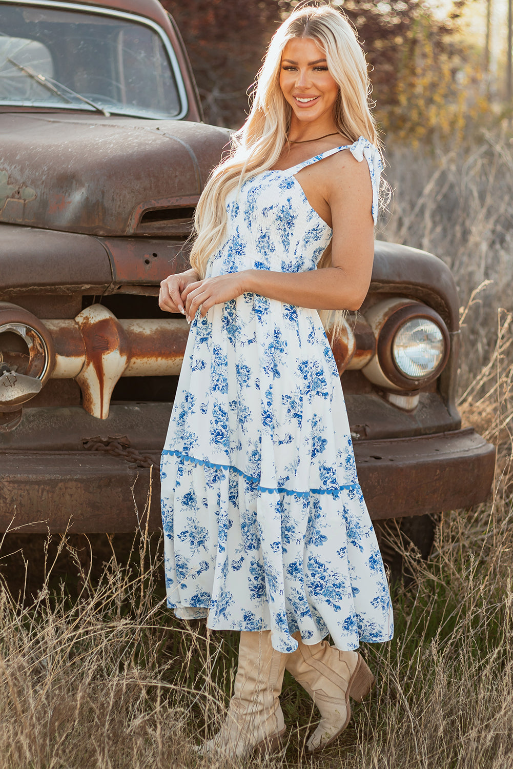 Floral Print Shirred Knot Shoulder Sleeveless Long Dress