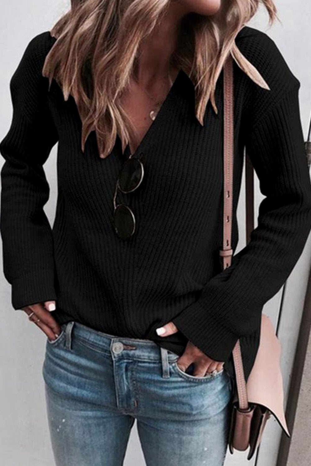 Ribbed Knit V Neck Sweater