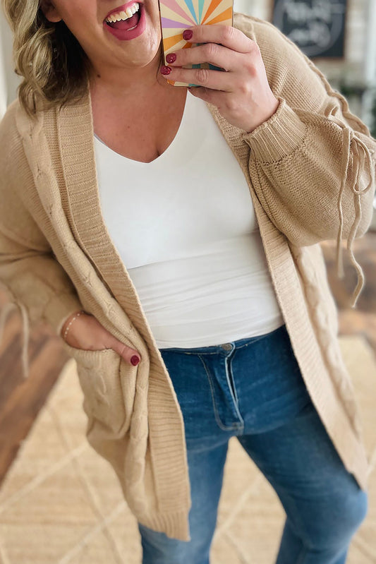Cable Knit Braided Tie Sleeve Plus Size Open Cardigan