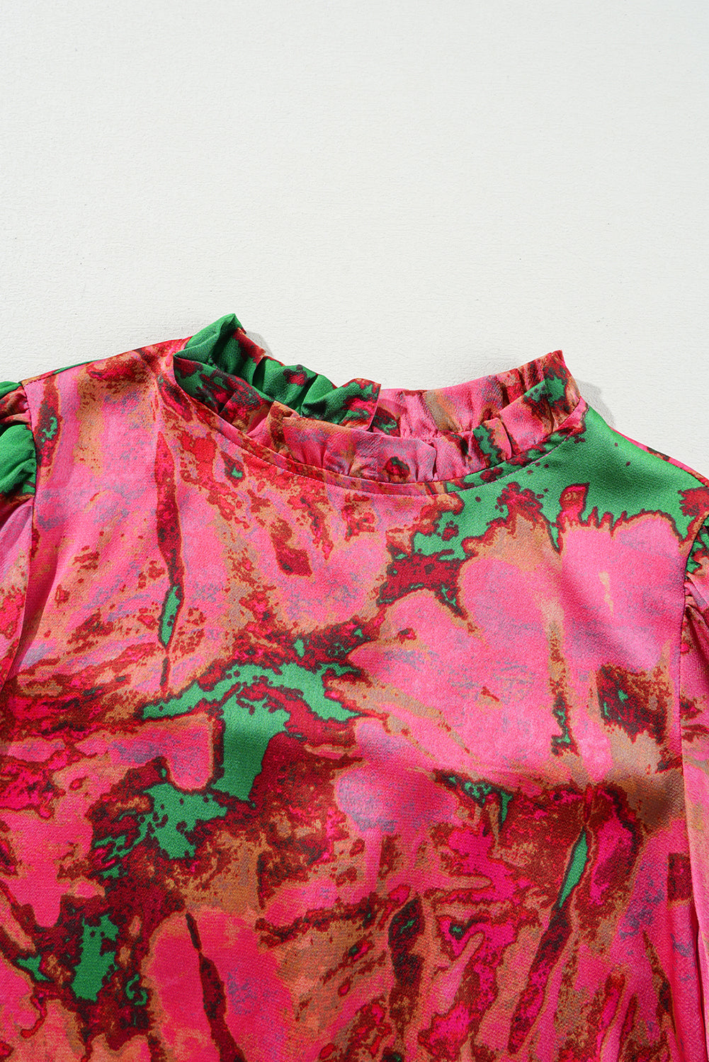 Abstract Print Frilly Neckline Puff Sleeve Blouse