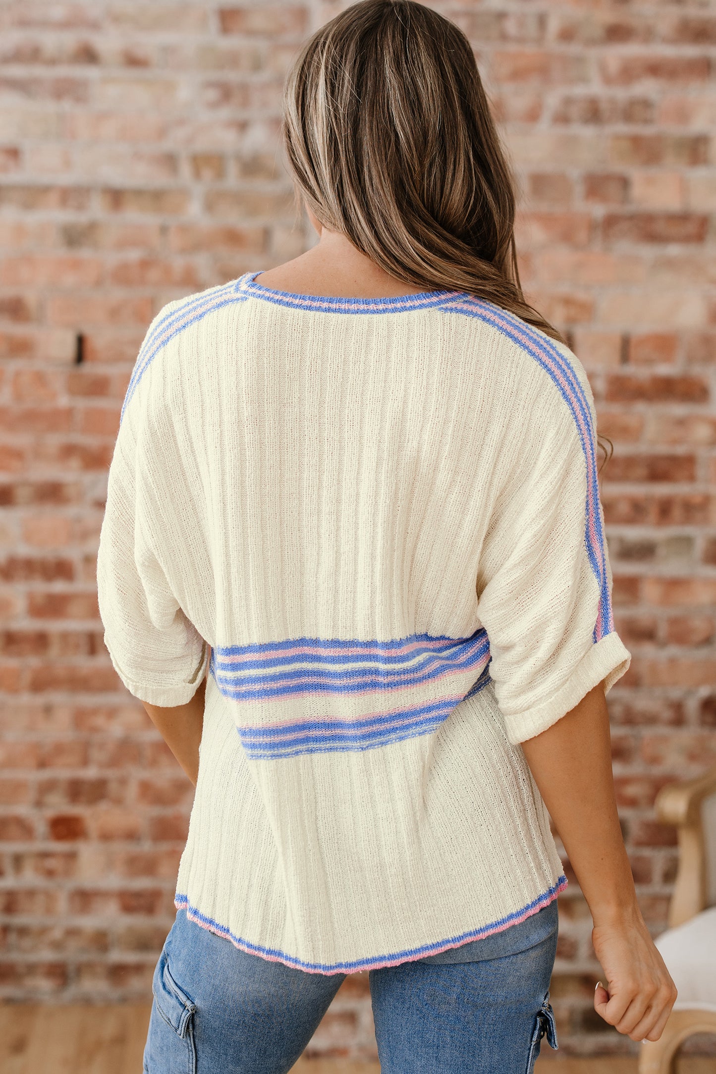 Striped V Neck Dolman Sleeve Rib Knit Oversized Sweater with Slits