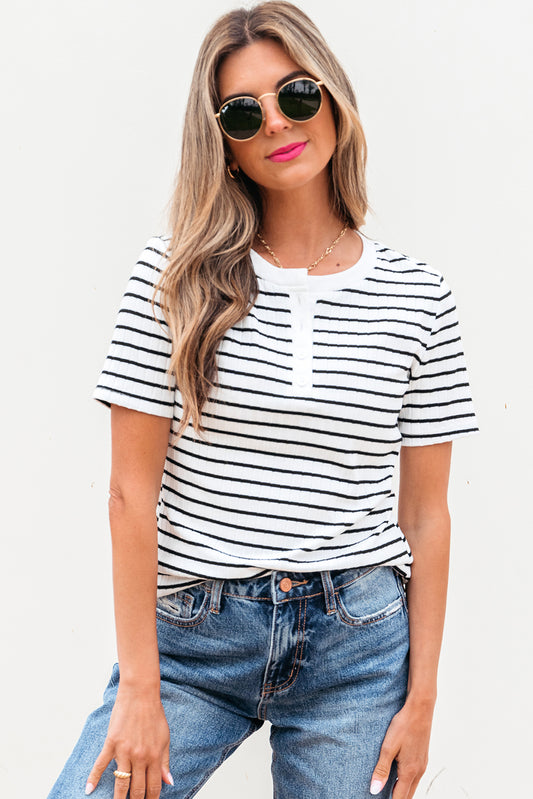 Stripe Textured Short Sleeve Buttoned Henley Top