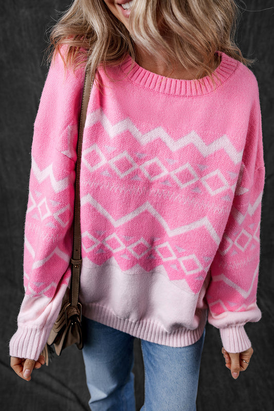 Western Aztec Geometric Drop Shoulder Sweater