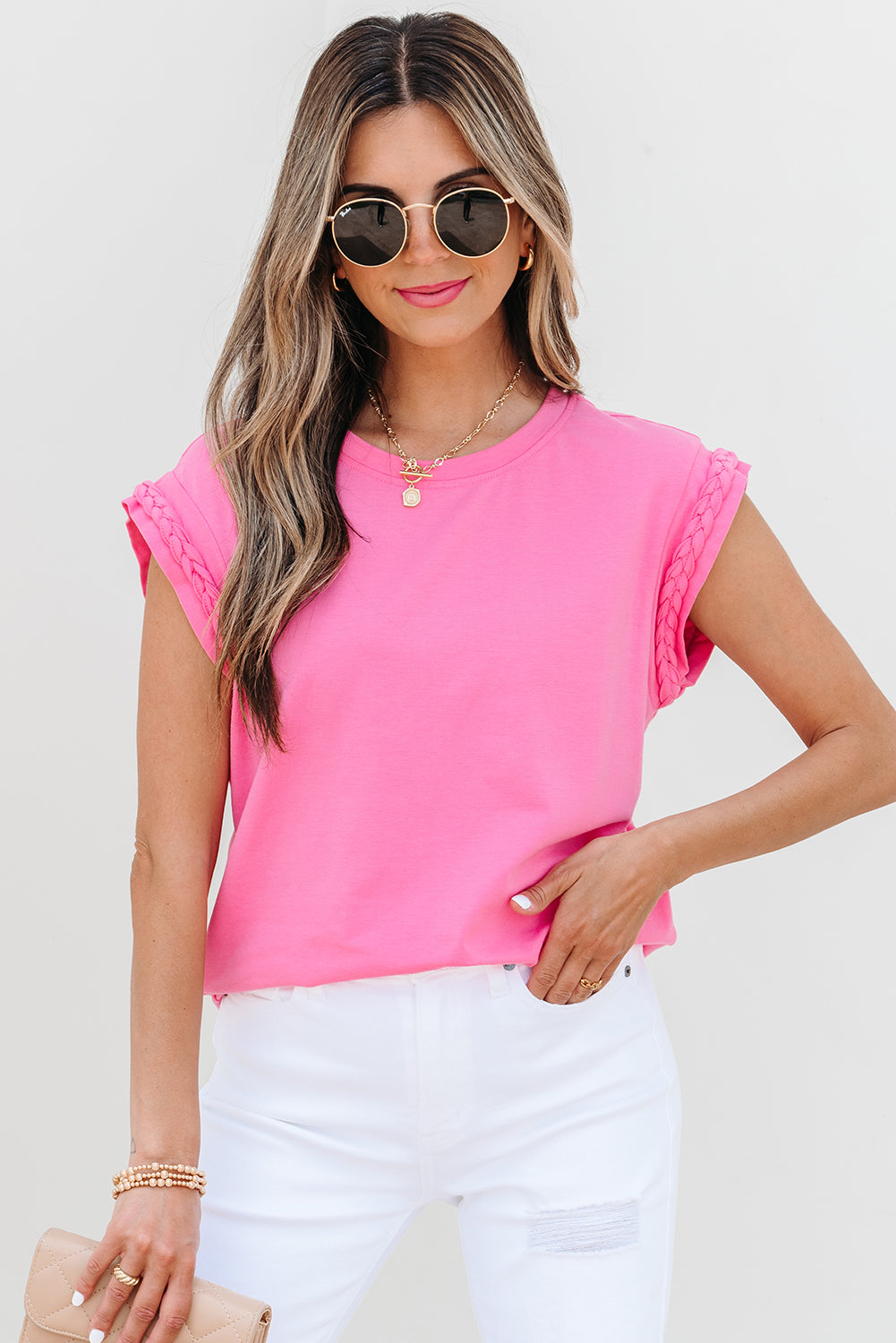 Braided Cap Sleeve Crew Neck T Shirt