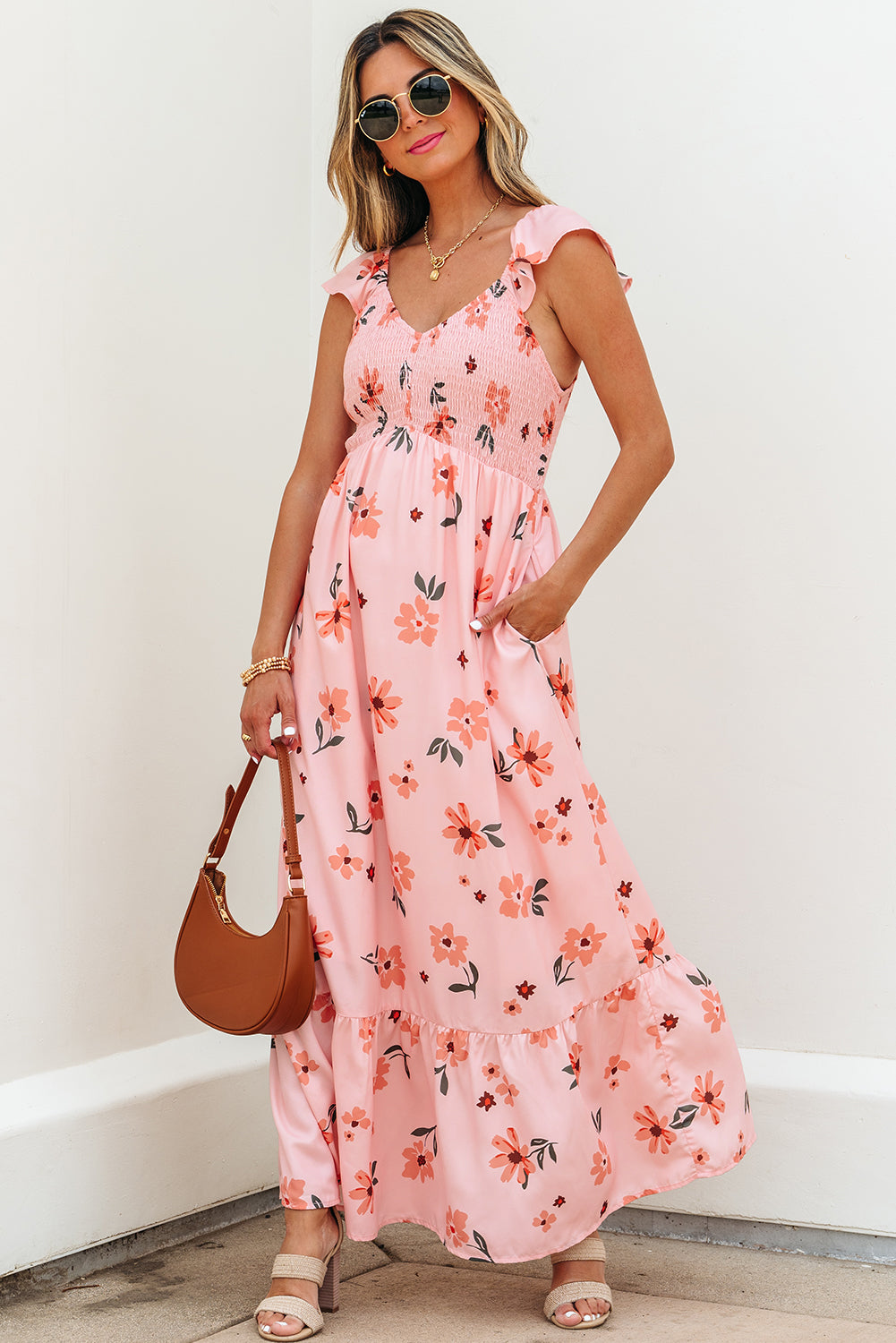 Floral V Neck Smocked High Waist Ruffle Hem Long Dress