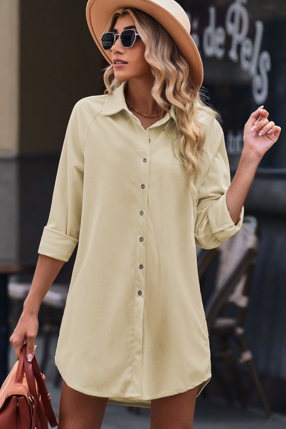 Corduroy Shirt Style Full Button Long Sleeve Shift Mini Dress