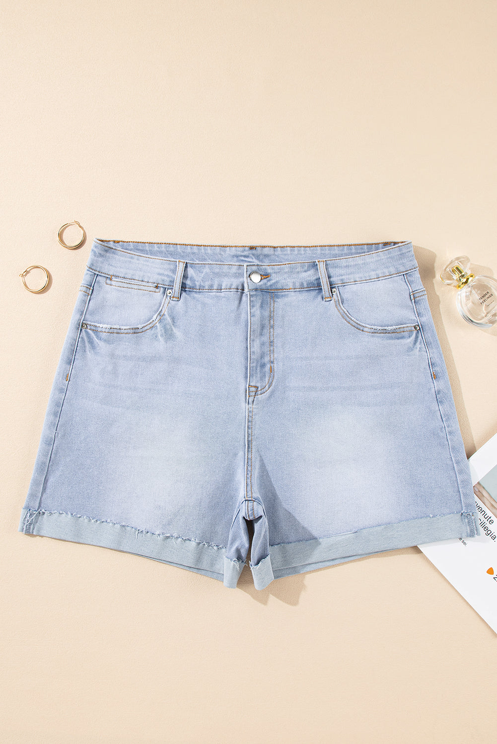 Folded Edge High Waist Plus Size Denim Shorts