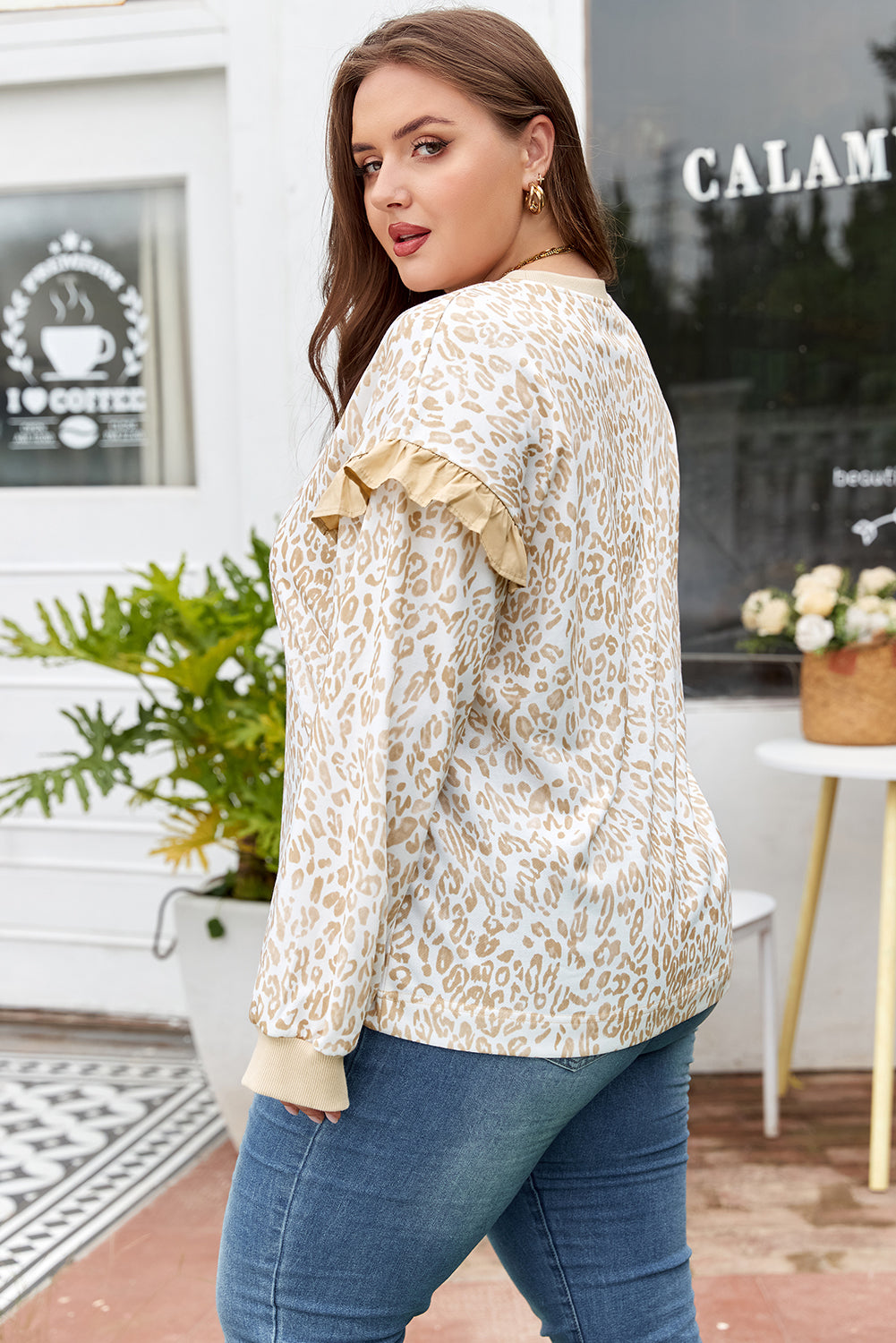 Plus Size Ruffled Arm Leopard Sweatshirt