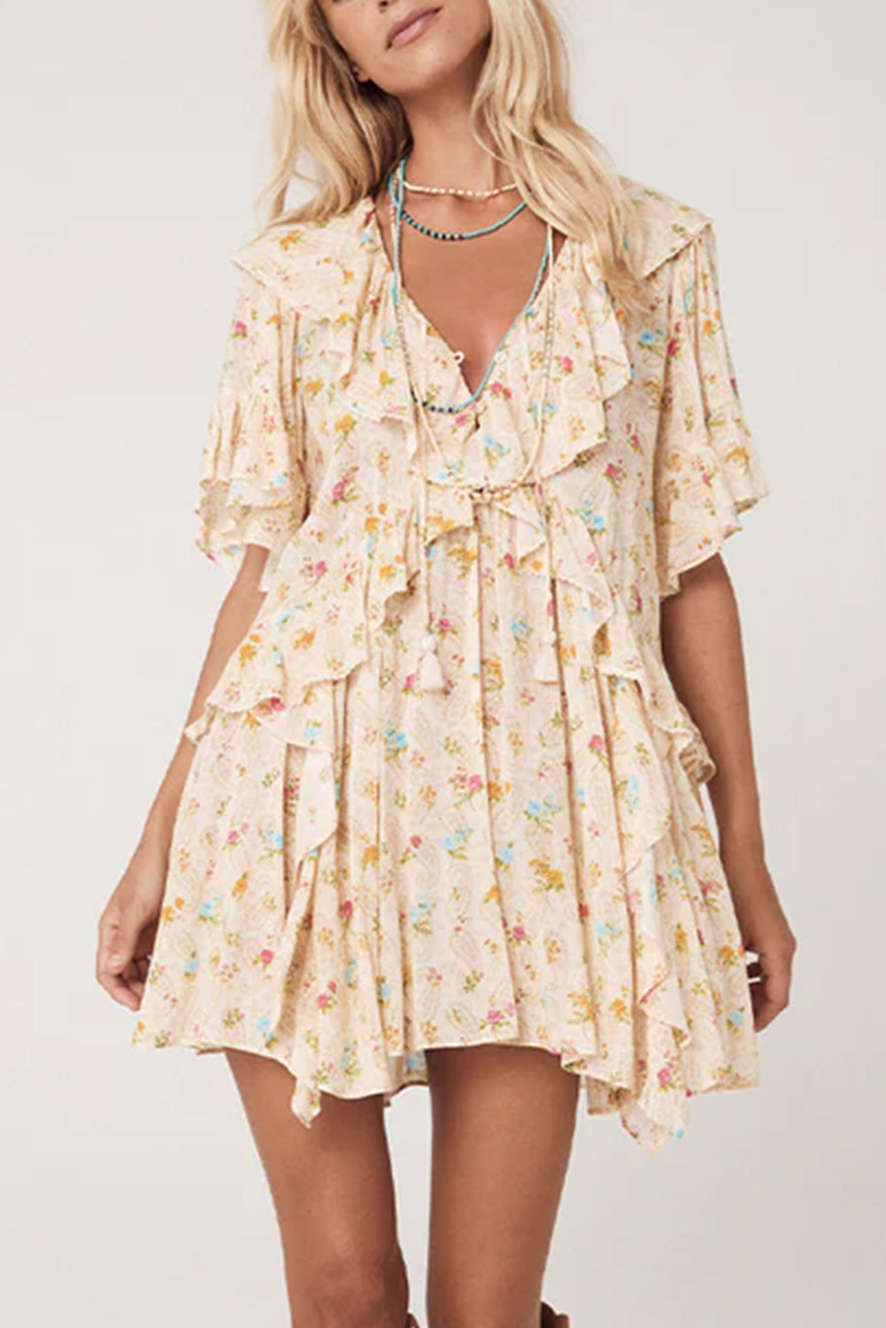 Boho Floral Tassel Tie V Neck Ruffle Wide Sleeve Mini Dress