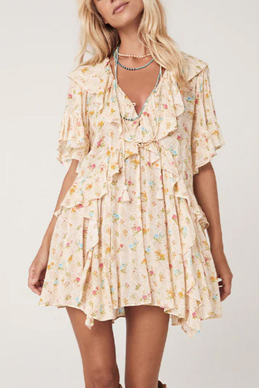 Boho Floral Tassel Tie V Neck Ruffle Wide Sleeve Mini Dress