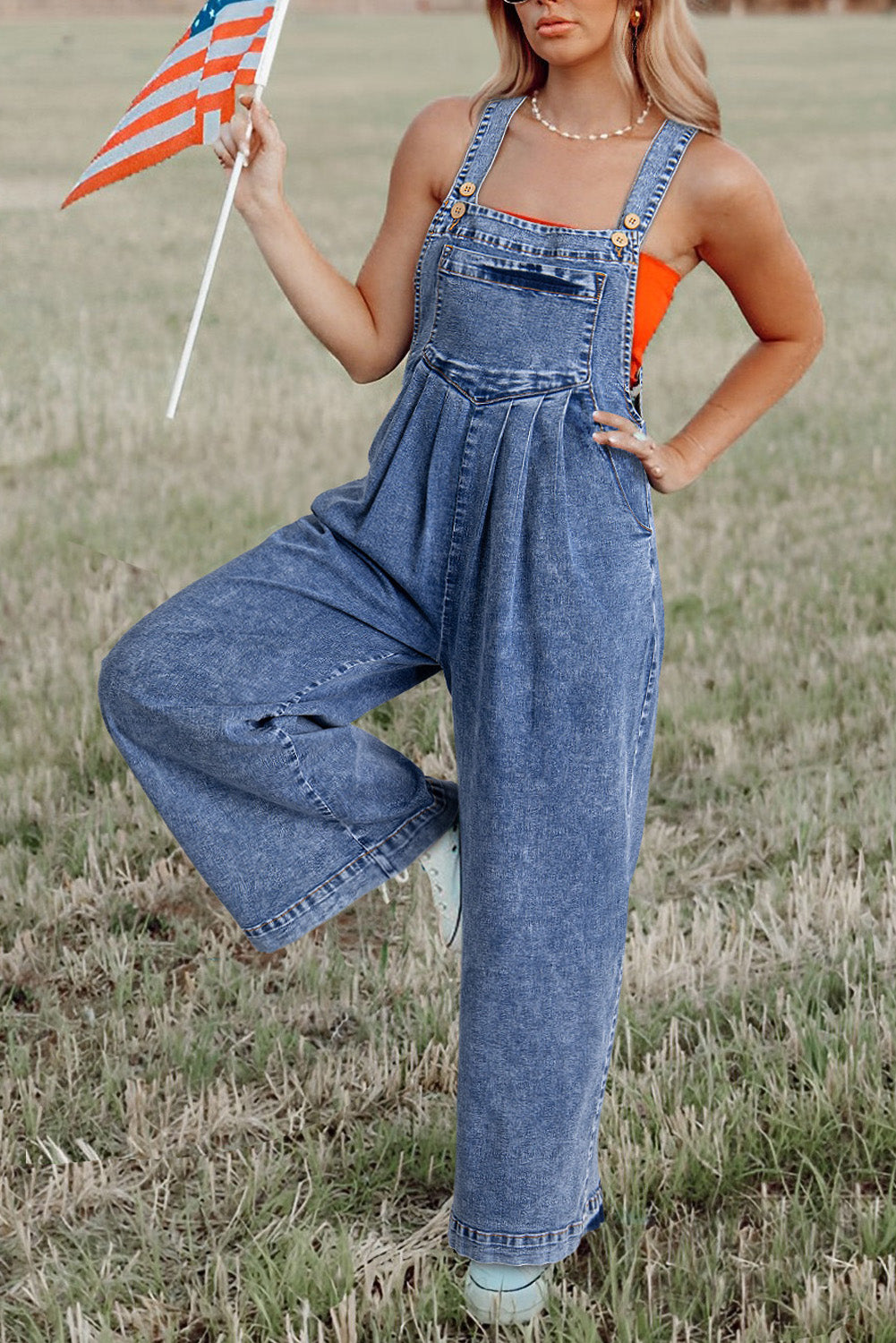 Mineral Wash Buttoned Straps Wide Leg Denim Overalls