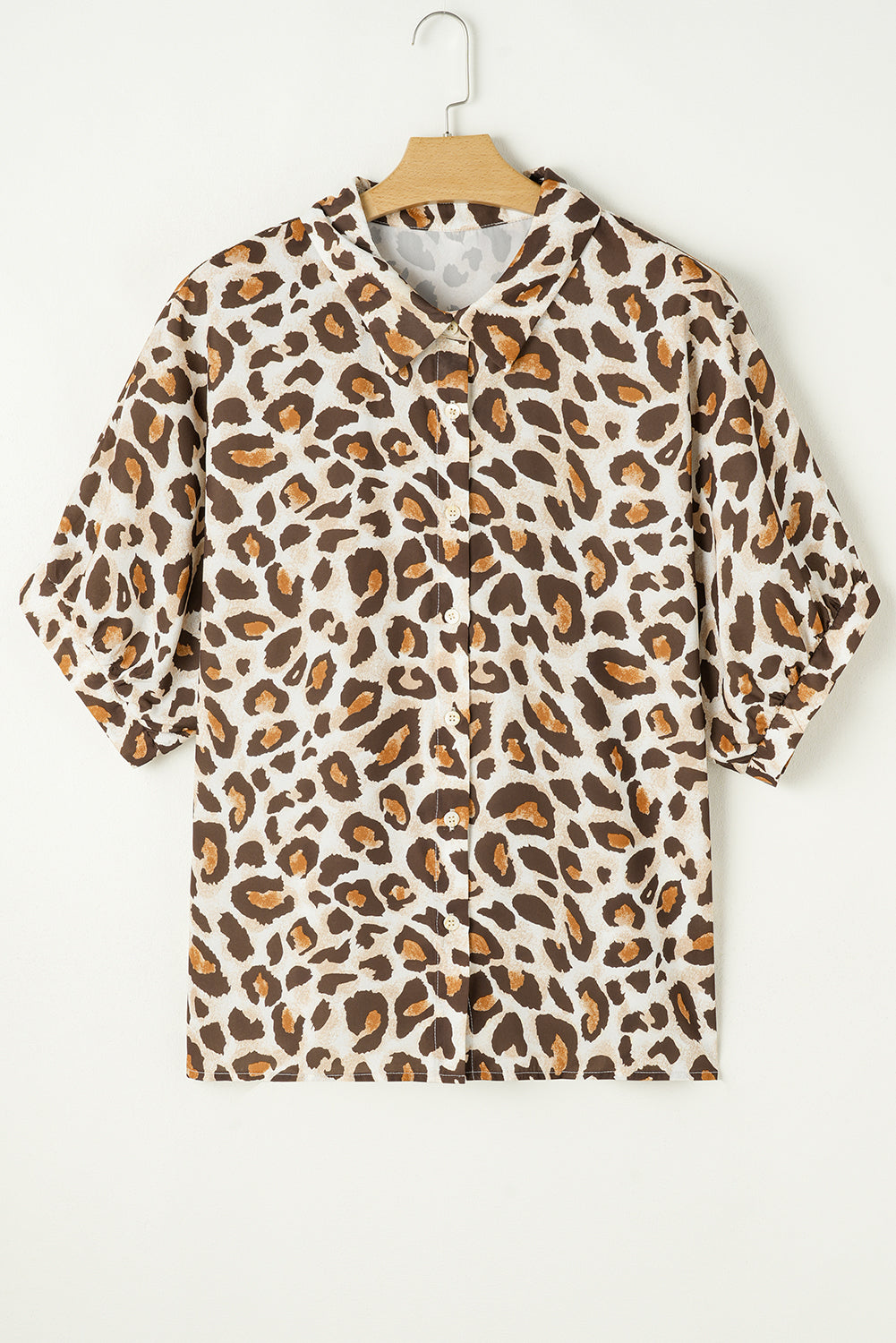 Plus Size Leopard Print Short Sleeve Buttoned Shirt