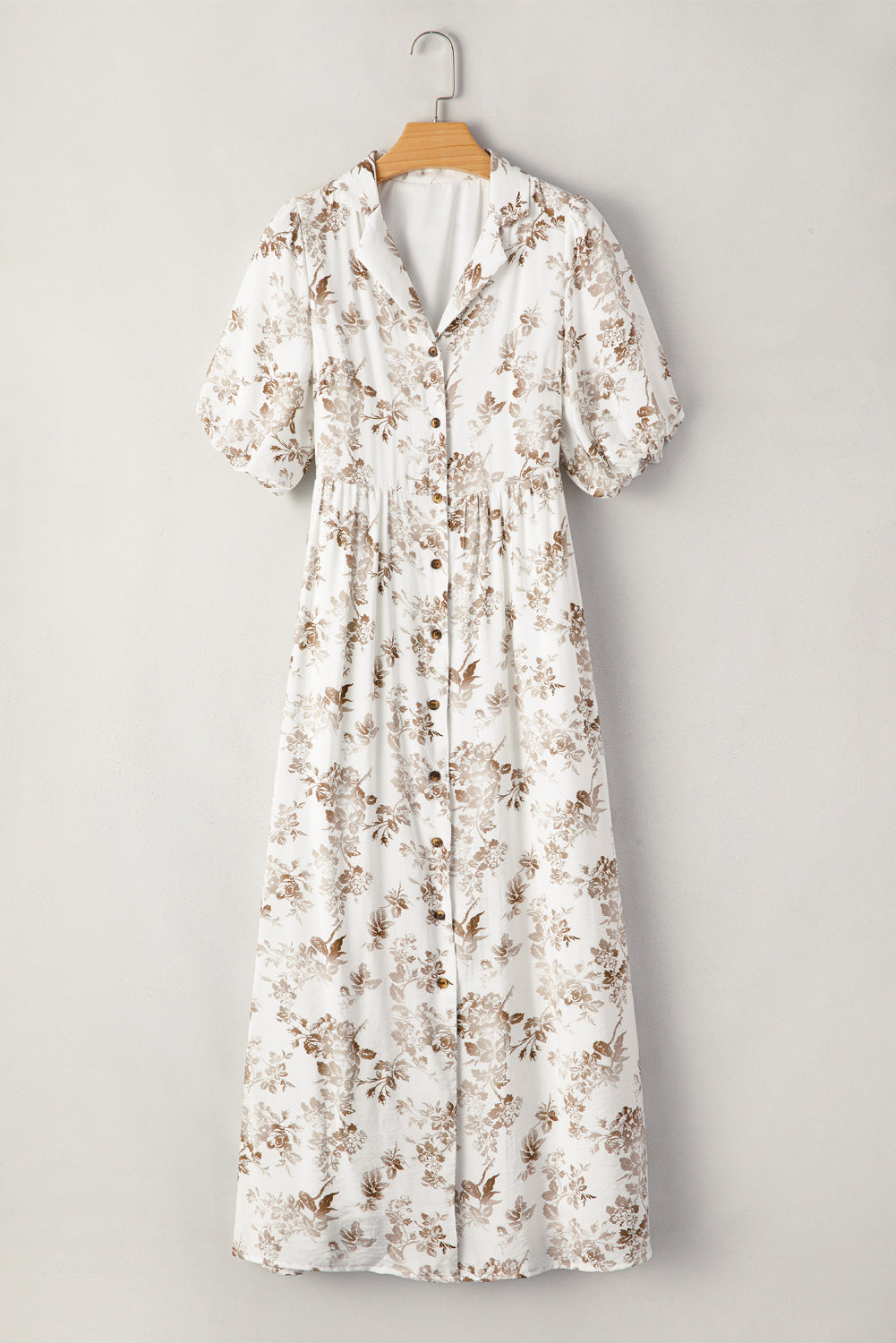 Floral Puff Sleeve V Neck Buttoned Front Maxi Dress