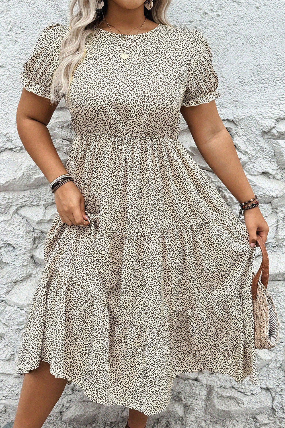 Plus Size Leopard Print Frill Trim Short Sleeve Flared Dress