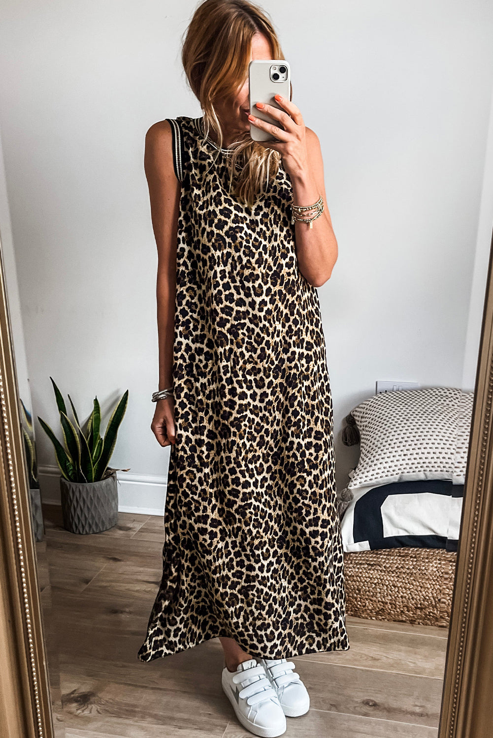 Contrast Striped Trim Leopard Sleeveless Maxi Dress