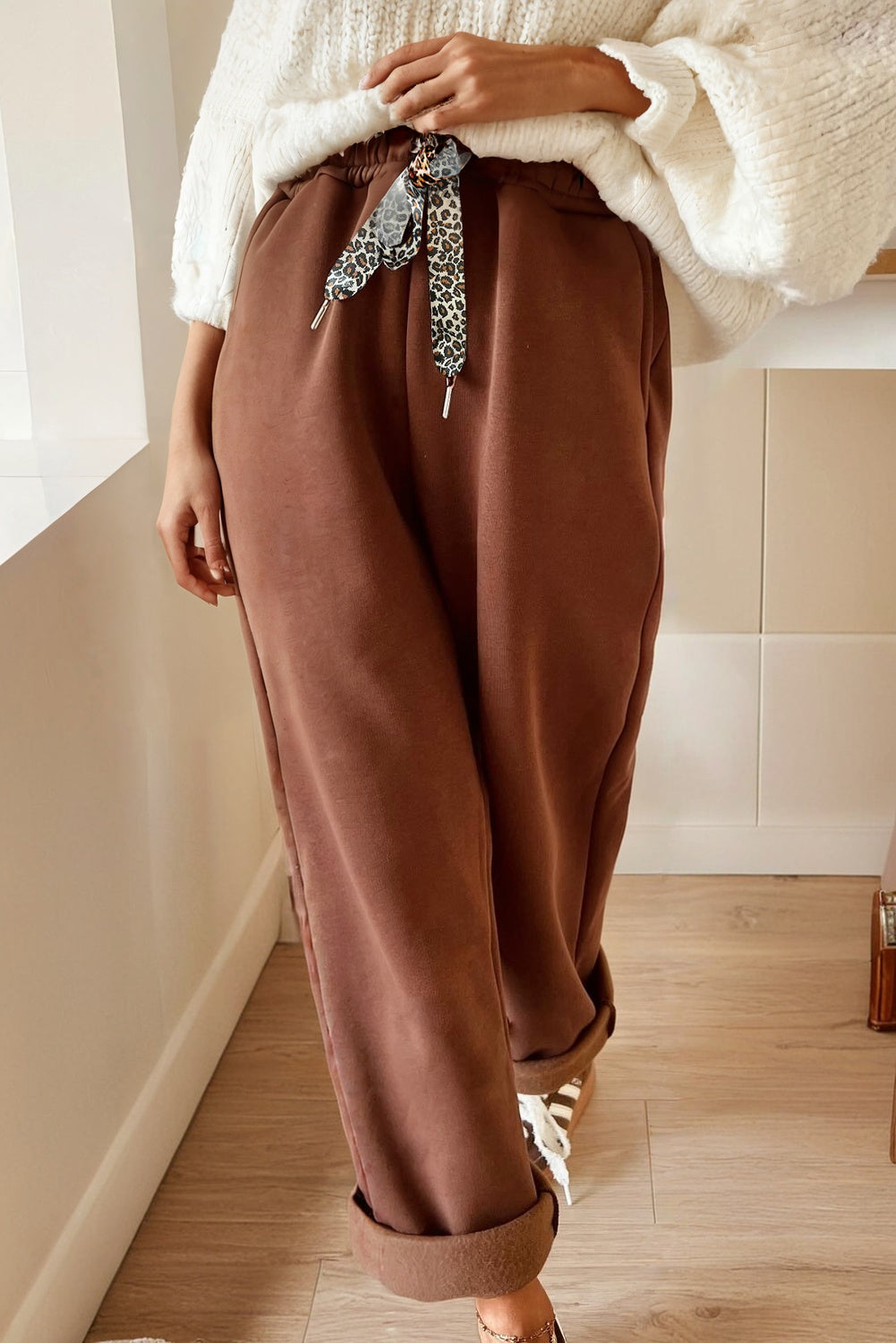 Fleece Lined Leopard Drawstring Elastic Waist Solid Pants