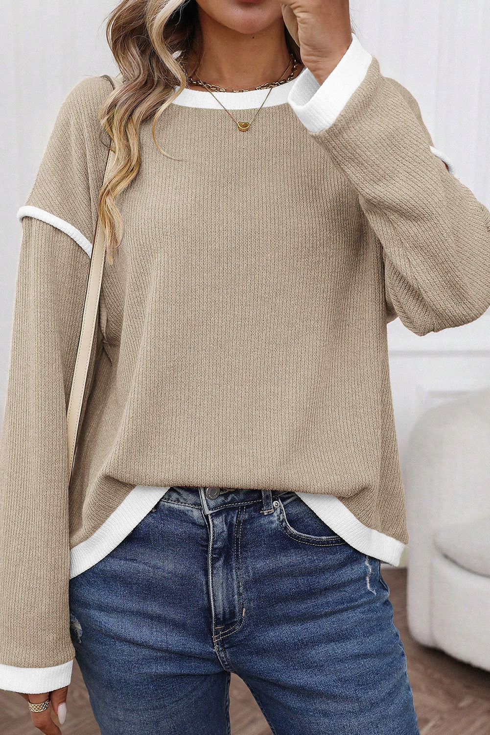 Contrast Color Trim Knit Drop Shoulder Loose Top