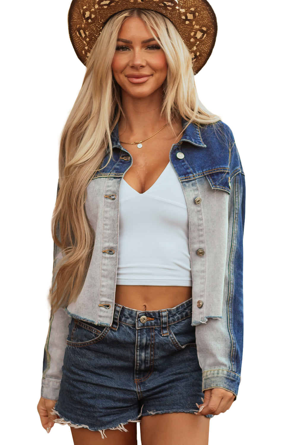 Color Block Patchwork Flap Detail Distress Denim Jacket