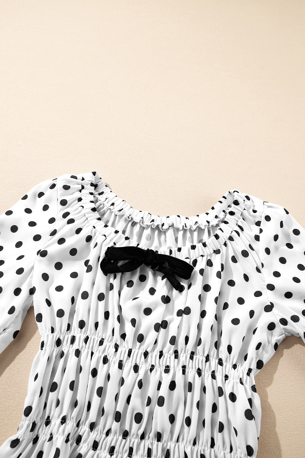 Polka Dot Puff Sleeve Bow Square Neck Peplum Top