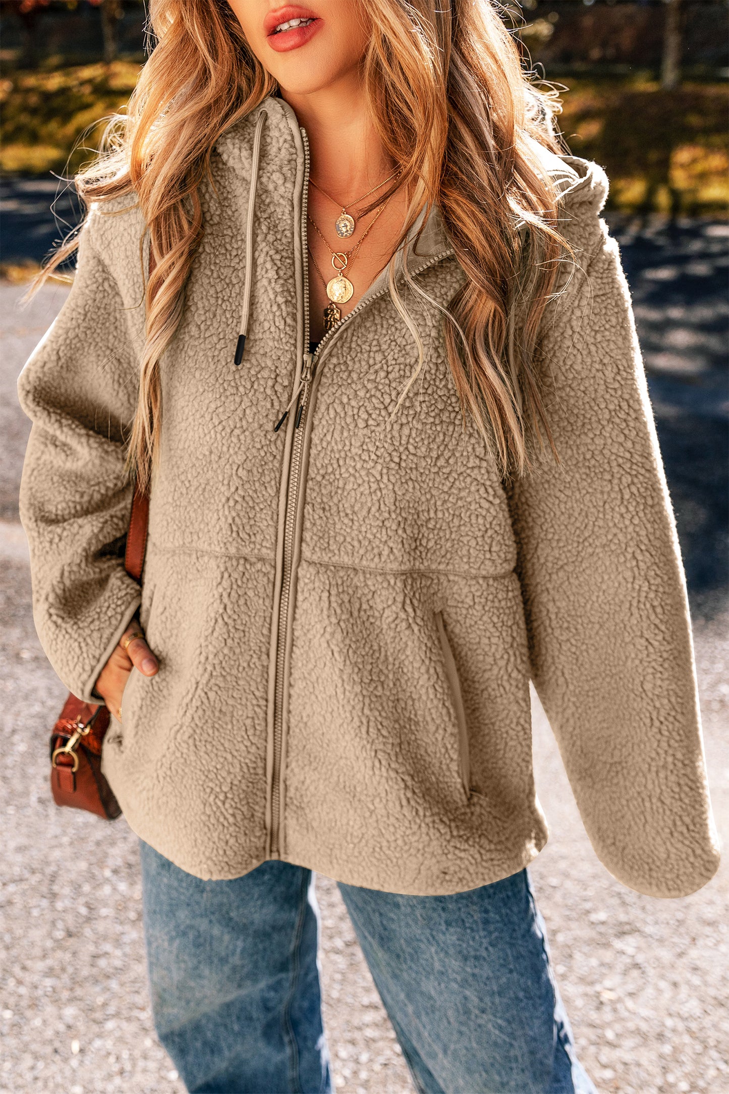 Fleece Zip Up Drawstring Hooded Pocketed Jacket
