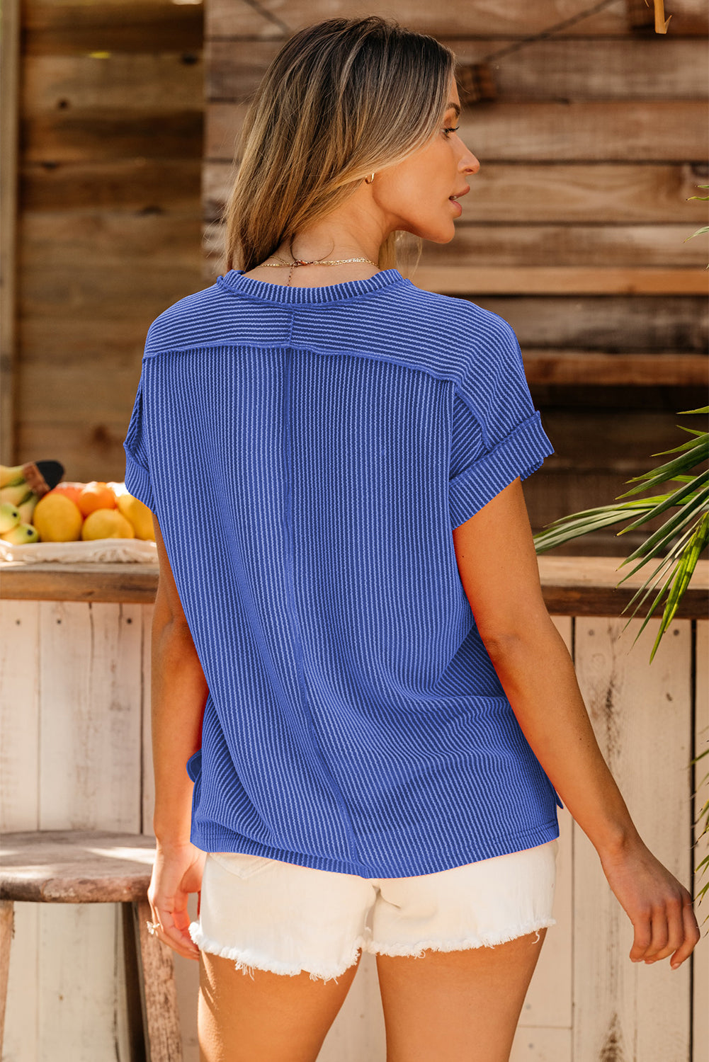 Textured Knit Exposed Stitching T-shirt
