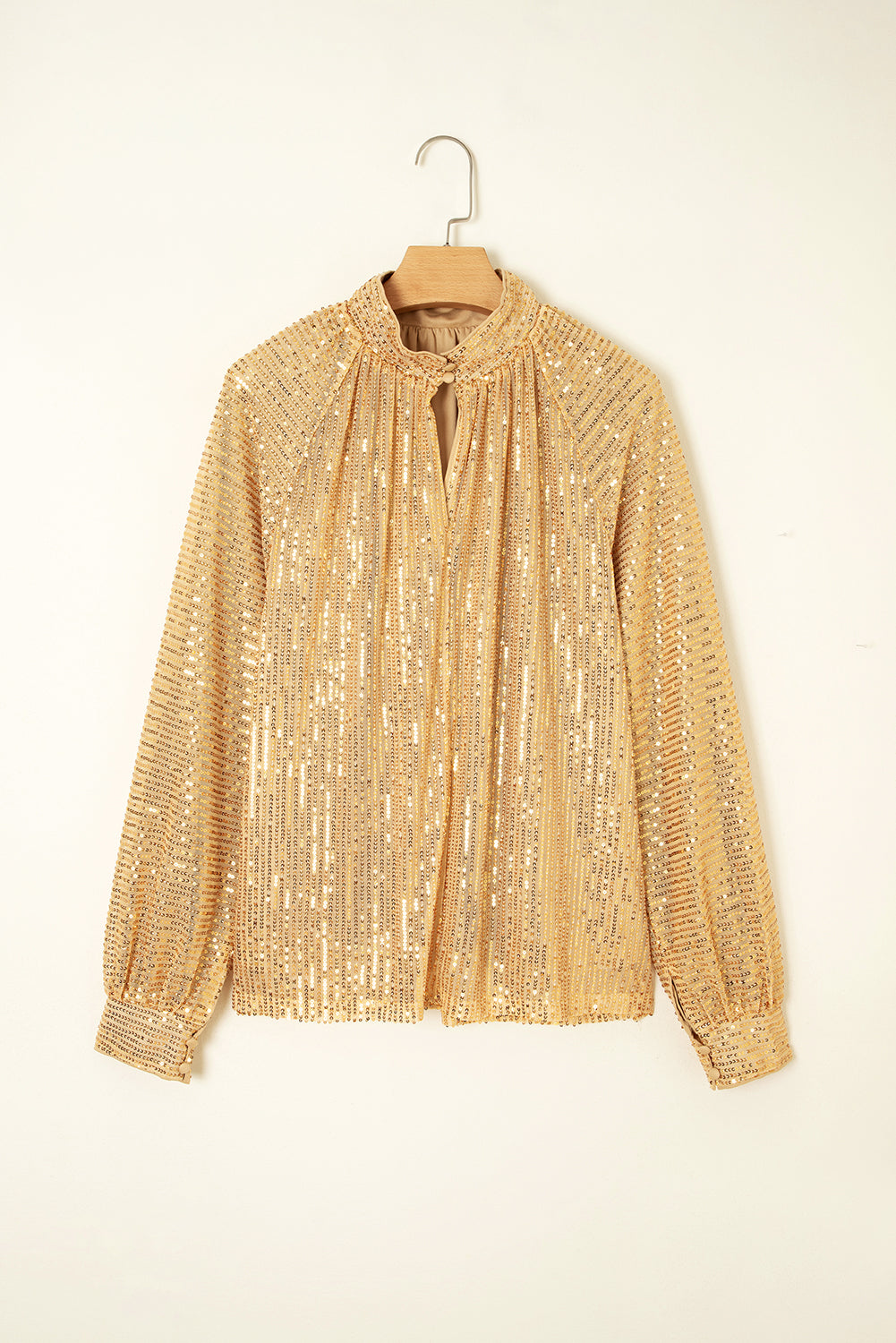 Metallic Balloon Sleeve Buttoned High Neck Loose Blouse